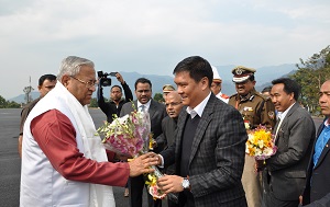 Governor designate Shri PB Acharya received by Chief Minister Shri Pema Khandu at Raj Bhavan Helipad, Itanagar on 28th January 2017.